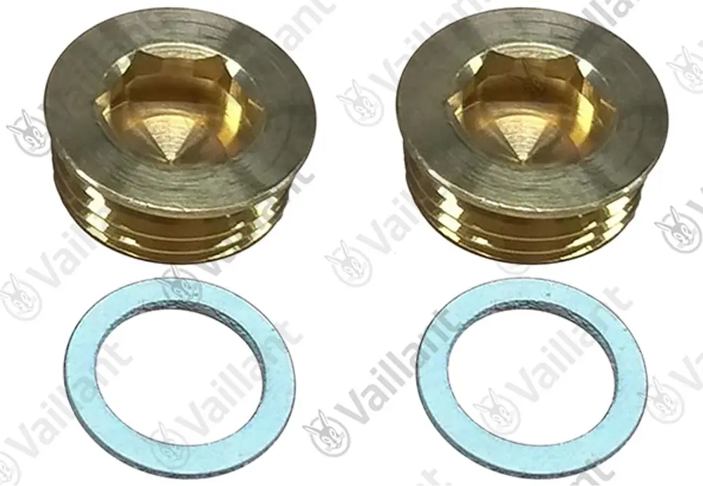 Vaillant Stopfen-Set bestehend aus zwei goldenen Metallstopfen mit Gewinde und zwei blauen Dichtungen, für technische Anwendungen geeignet.